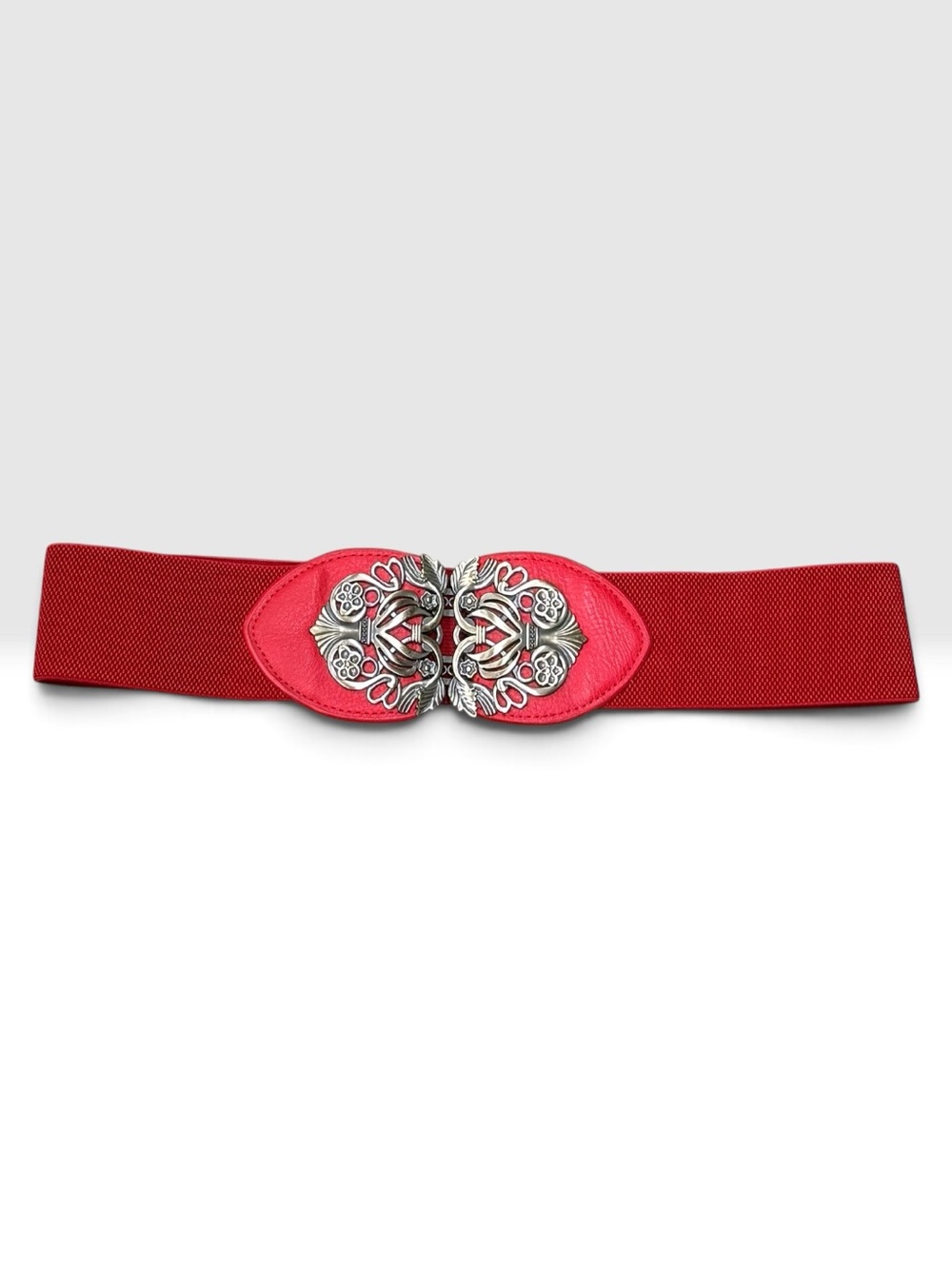 Red Elastic Waist Belt with Decorative Silver Buckle